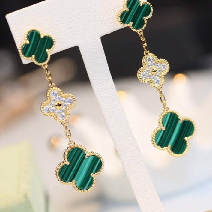 [Marin-Jewelry]CLOVER EARRINGS GOLD MALACHITE DIAMOND 3 MOTIF