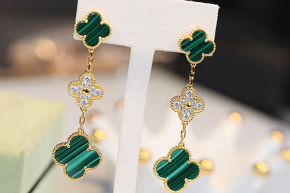 [Marin-Jewelry]CLOVER EARRINGS GOLD MALACHITE DIAMOND 3 MOTIF