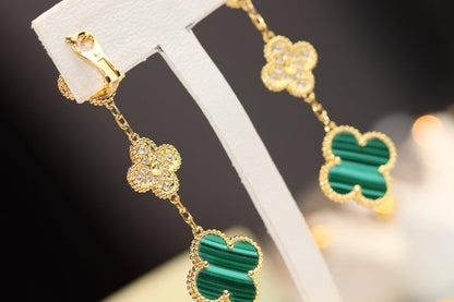 [Marin-Jewelry]CLOVER EARRINGS GOLD MALACHITE DIAMOND 3 MOTIF