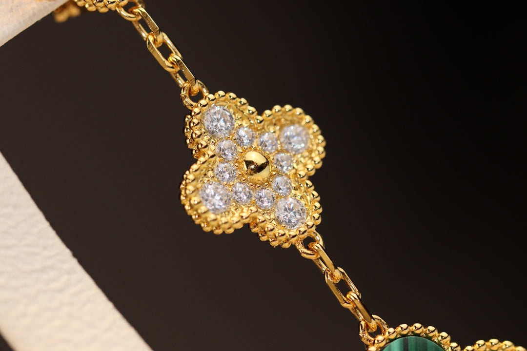 [Marin-Jewelry]CLOVER EARRINGS GOLD MALACHITE DIAMOND 3 MOTIF