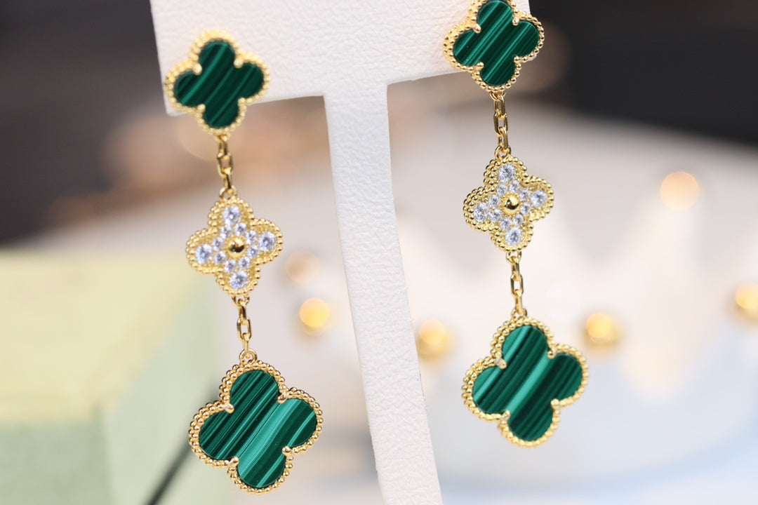 [Marin-Jewelry]CLOVER EARRINGS GOLD MALACHITE DIAMOND 3 MOTIF