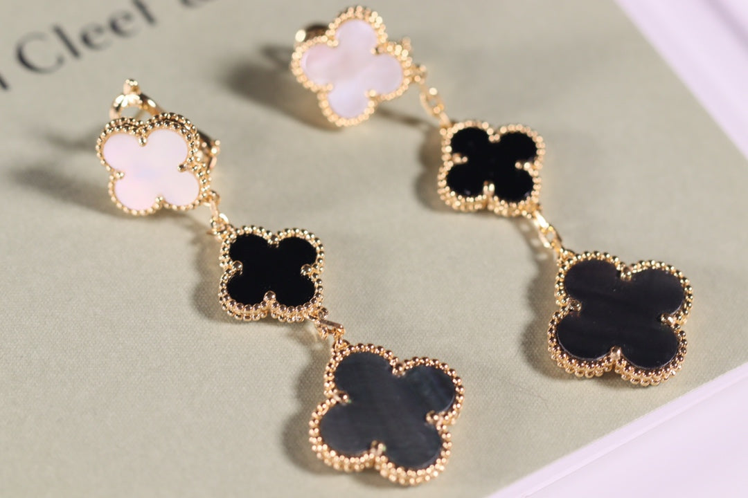 [Marin-Jewelry]CLOVER EARRINGS GOLD ONYX MOP 3 MOTIF