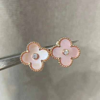 [Marin-Jewelry]CLOVER MEDIUM 1 MOTIFS  PINK MOP DIAMOND EARRINGS