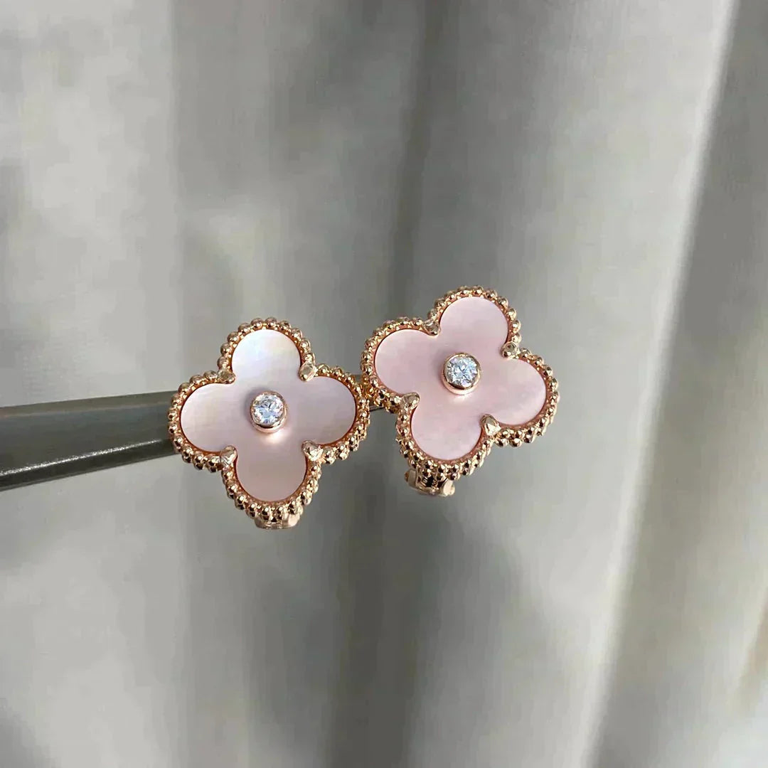 [Marin-Jewelry]CLOVER MEDIUM 1 MOTIFS  PINK MOP DIAMOND EARRINGS