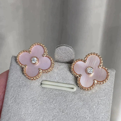 [Marin-Jewelry]CLOVER MEDIUM 1 MOTIFS  PINK MOP DIAMOND EARRINGS