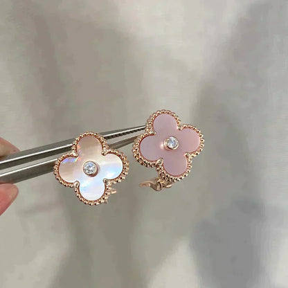 [Marin-Jewelry]CLOVER MEDIUM 1 MOTIFS  PINK MOP DIAMOND EARRINGS