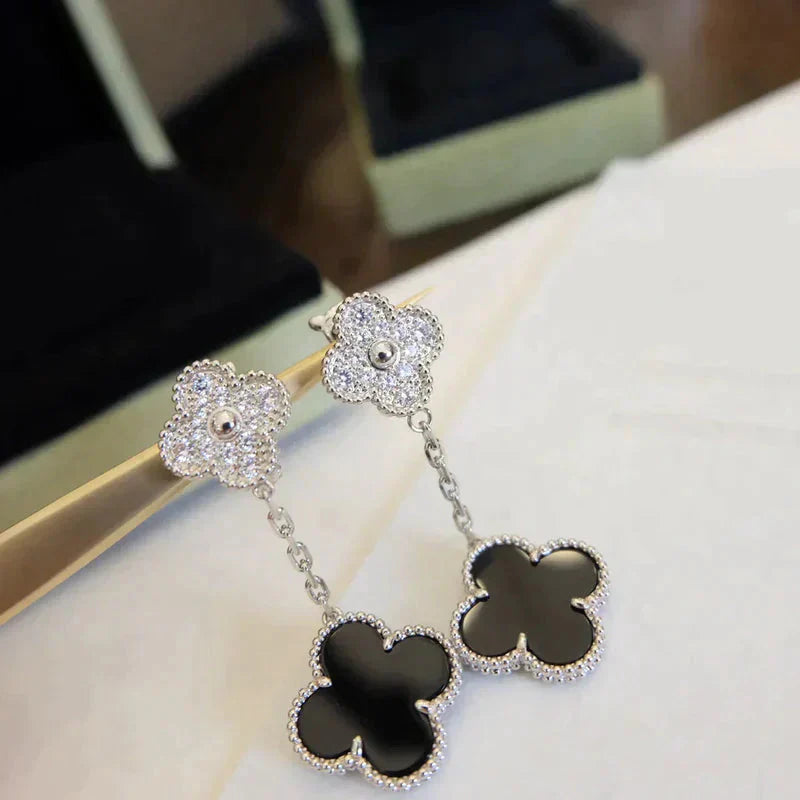 [Marin-Jewelry]CLOVER 2 MOTIFS  DIAMOND ONYX EARRINGS SILVER