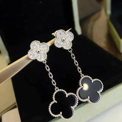 [Marin-Jewelry]CLOVER 2 MOTIFS  DIAMOND ONYX EARRINGS SILVER