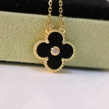 [Marin-Jewelry]CLOVER 15MM DIAMOND ONYX NECKLACE
