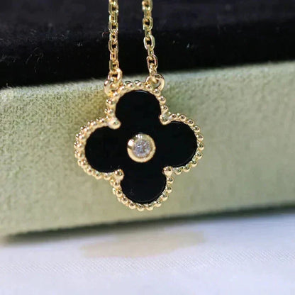 [Marin-Jewelry]CLOVER 15MM DIAMOND ONYX NECKLACE