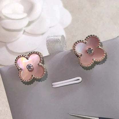 [Marin-Jewelry]CLOVER MEDIUM 1 MOTIFS  PINK MOP DIAMOND EARRINGS