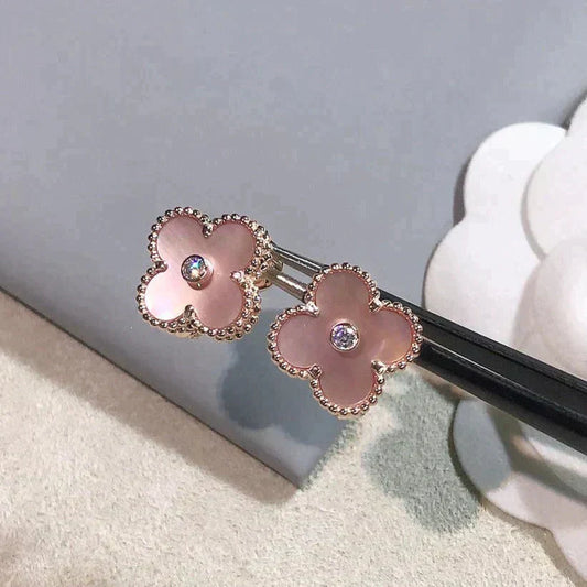 [Marin-Jewelry]CLOVER MEDIUM 1 MOTIFS  PINK MOP DIAMOND EARRINGS