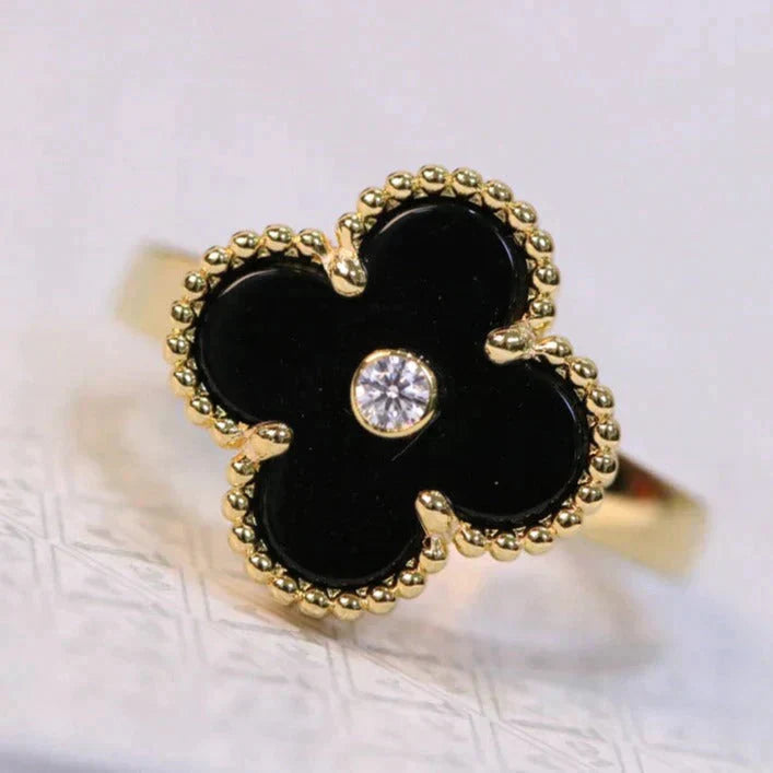 [Marin-Jewelry]CLOVER ONYX RING GOLD DIAMOND