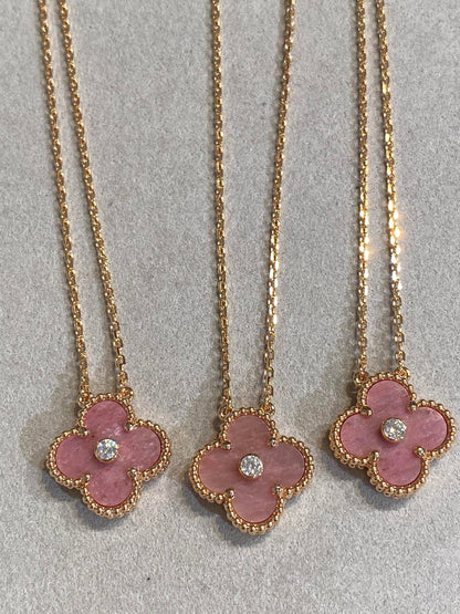 [Marin-Jewelry]CLOVER 15MM DIAMOND RHODONITE NECKLACE