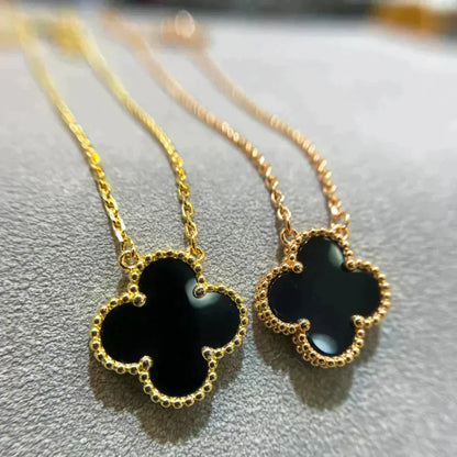 [Marin-Jewelry]CLOVER 15MM BLACK ONYX SINGLE FLOWER NECKLACE