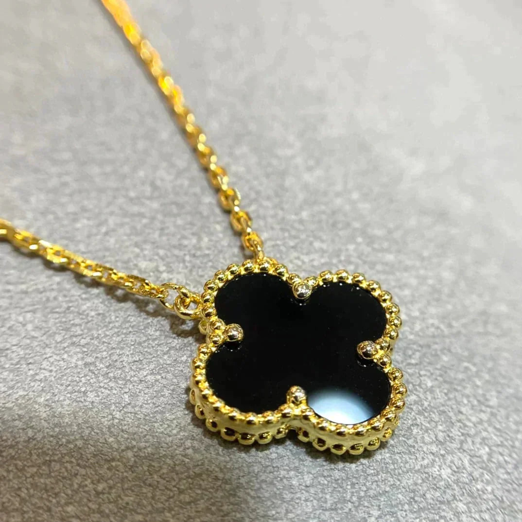 [Marin-Jewelry]CLOVER 15MM BLACK ONYX SINGLE FLOWER NECKLACE