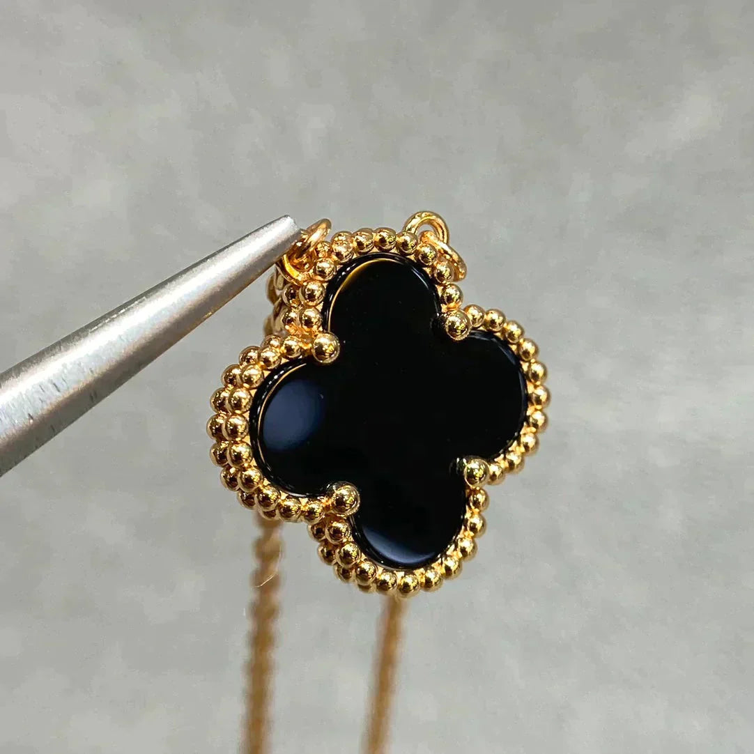 [Marin-Jewelry]CLOVER 15MM BLACK ONYX SINGLE FLOWER NECKLACE