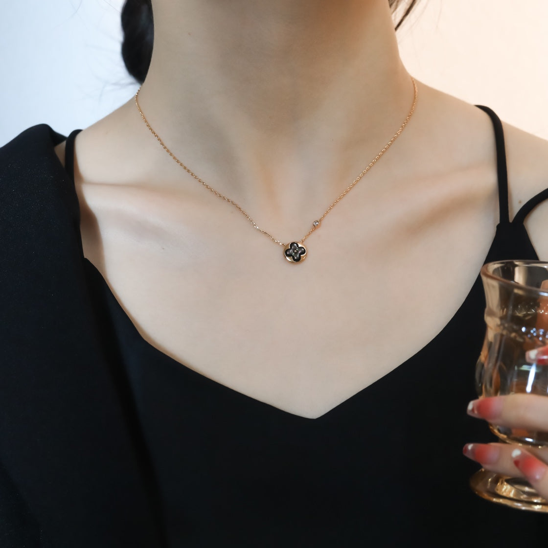 [Marin-Jewelry]SUN PEDANT PINK GOLD 1 DIAMOND NECKLACE