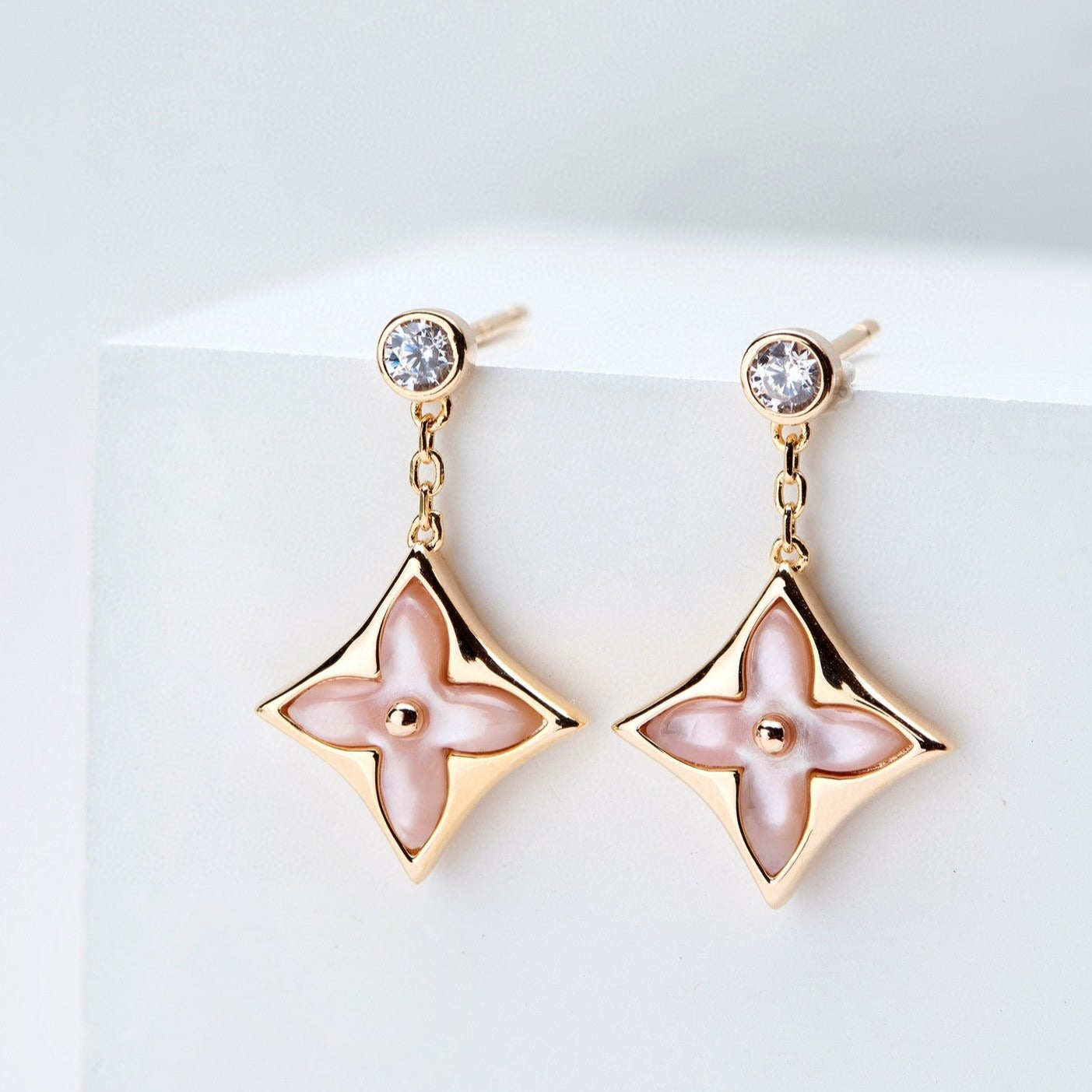 [Marin-Jewelry]DOUBLE STAR PINK GOLD MOP DROP EARRINGS