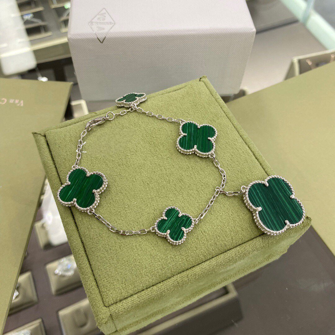 [Marin-Jewelry]CLOVER 5 MOTIFS SIVLER MALACHITE BRACELET