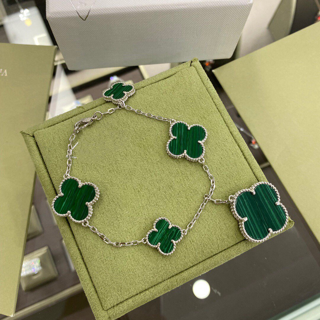 [Marin-Jewelry]CLOVER 5 MOTIFS SIVLER MALACHITE BRACELET