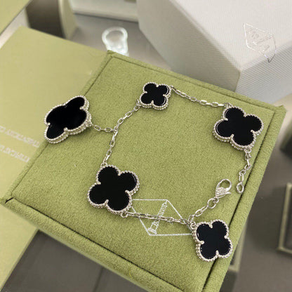 [Marin-Jewelry]CLOVER 5 MOTIFS SIVLER ONYX BRACELET