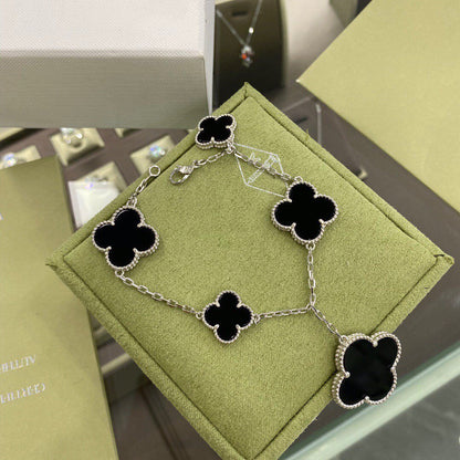 [Marin-Jewelry]CLOVER 5 MOTIFS SIVLER ONYX BRACELET