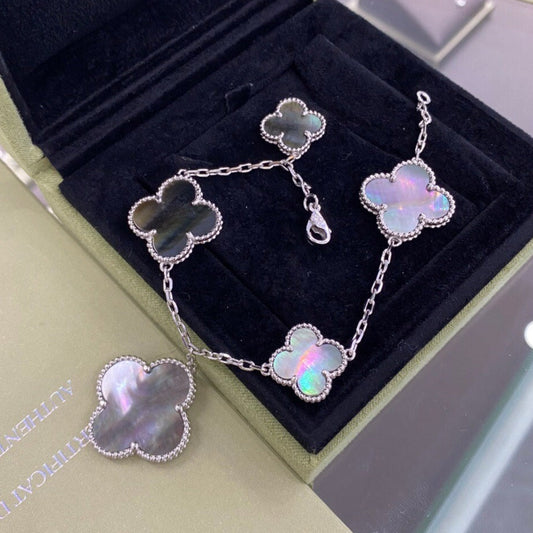 [Marin-Jewelry]CLOVER 5 MOTIFS SIVLER DARK MOP BRACELET