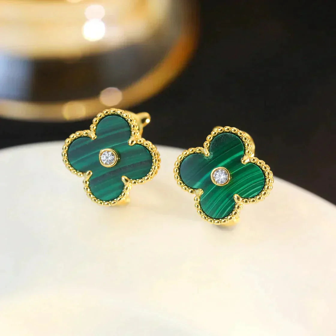 [Marin-Jewelry]CLOVER MEDIUM 1 MOTIFS MALACHITE DIAMOND EARRINGS