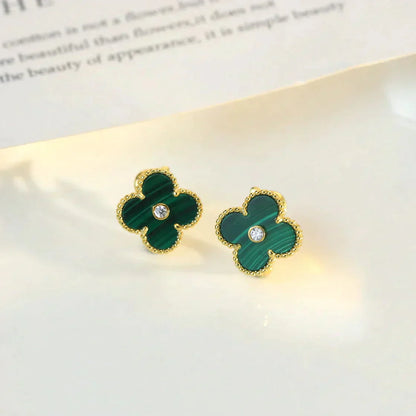 [Marin-Jewelry]CLOVER MEDIUM 1 MOTIFS MALACHITE DIAMOND EARRINGS