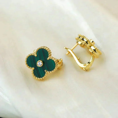 [Marin-Jewelry]CLOVER MEDIUM 1 MOTIFS MALACHITE DIAMOND EARRINGS