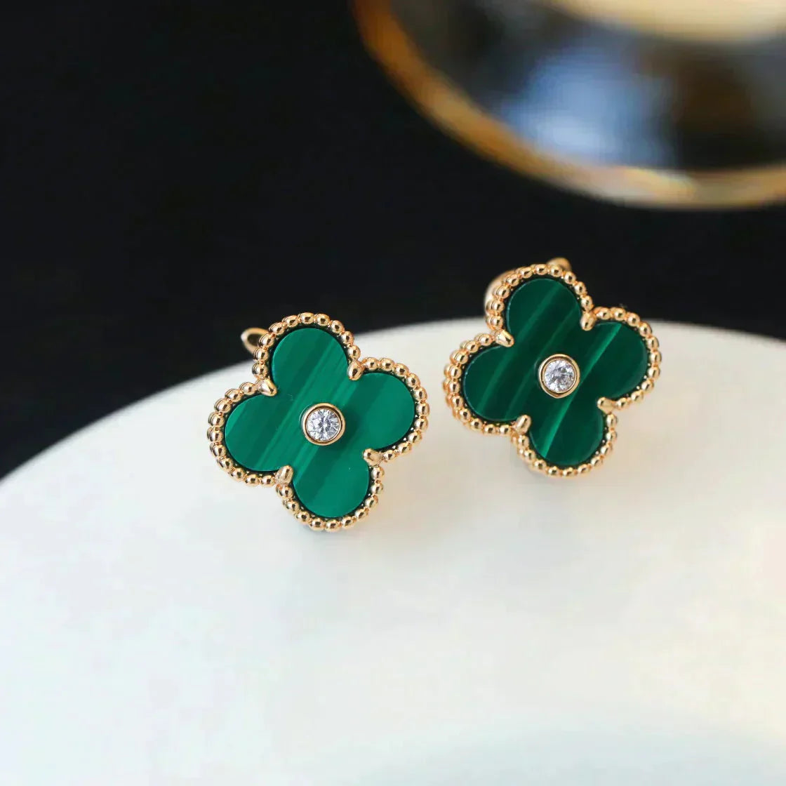 [Marin-Jewelry]CLOVER MEDIUM 1 MOTIFS MALACHITE DIAMOND EARRINGS