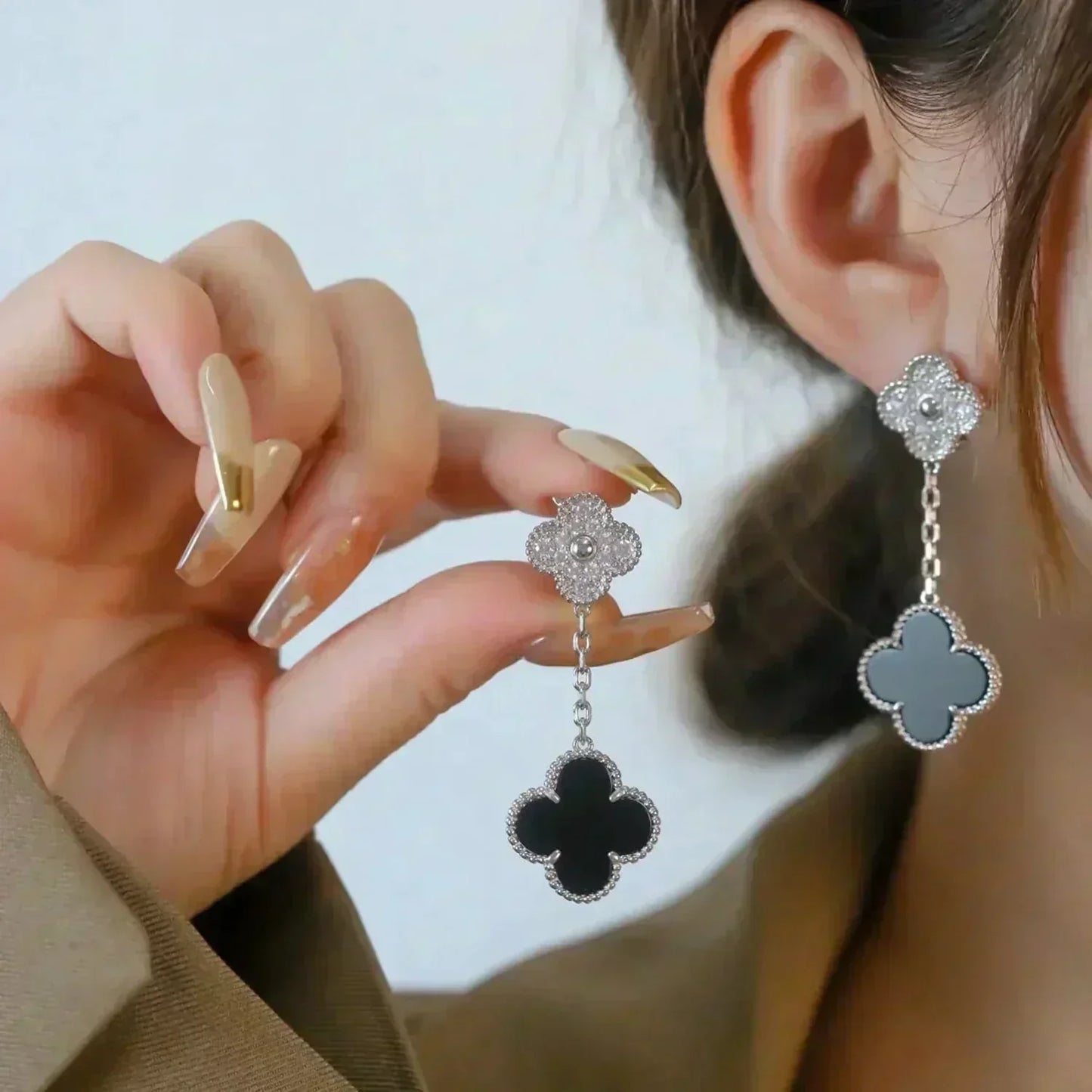[Marin-Jewelry]CLOVER 2 MOTIFS  DIAMOND ONYX EARRINGS SILVER