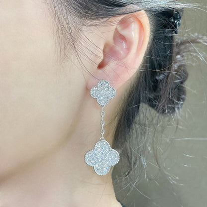 [Marin-Jewelry]CLOVER 2 MOTIFS DIAMOND PAVED SILVER EARRINGS