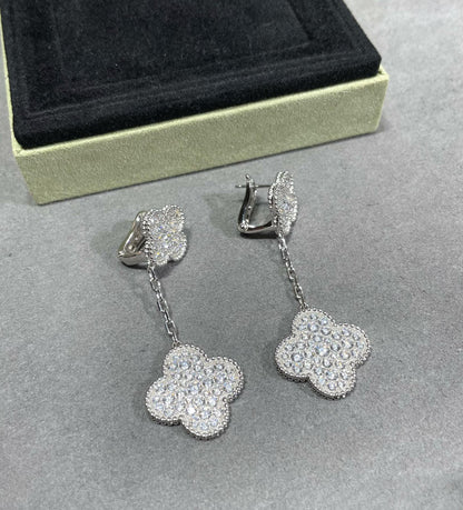 [Marin-Jewelry]CLOVER 2 MOTIFS DIAMOND PAVED SILVER EARRINGS