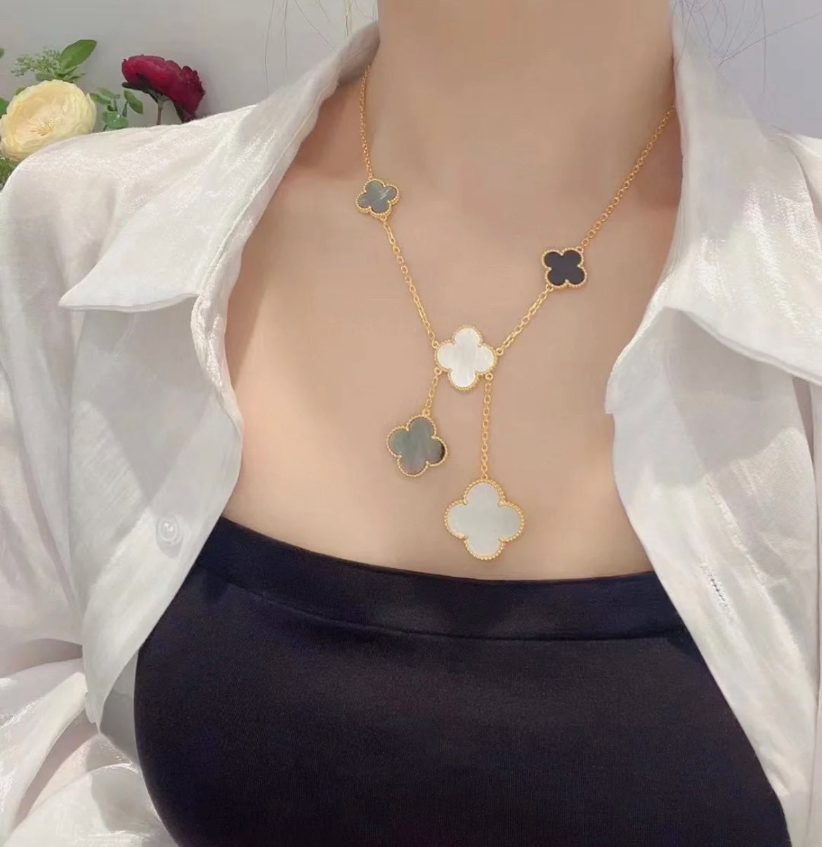 [Marin-Jewelry]CLOVER 6 MOTIF MOP ONYX GOLD NECKLACE