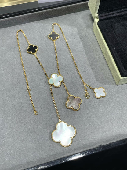 [Marin-Jewelry]CLOVER 6 MOTIF MOP ONYX GOLD NECKLACE