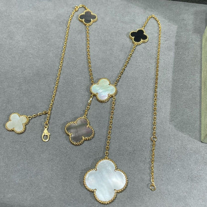 [Marin-Jewelry]CLOVER 6 MOTIF MOP ONYX GOLD NECKLACE