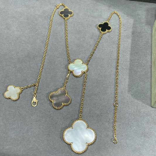 [Marin-Jewelry]CLOVER 6 MOTIF MOP ONYX GOLD NECKLACE