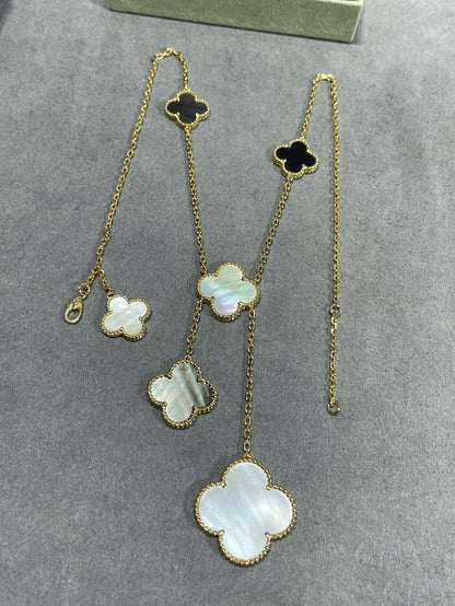 [Marin-Jewelry]CLOVER 6 MOTIF MOP ONYX GOLD NECKLACE