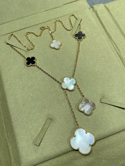 [Marin-Jewelry]CLOVER 6 MOTIF MOP ONYX GOLD NECKLACE