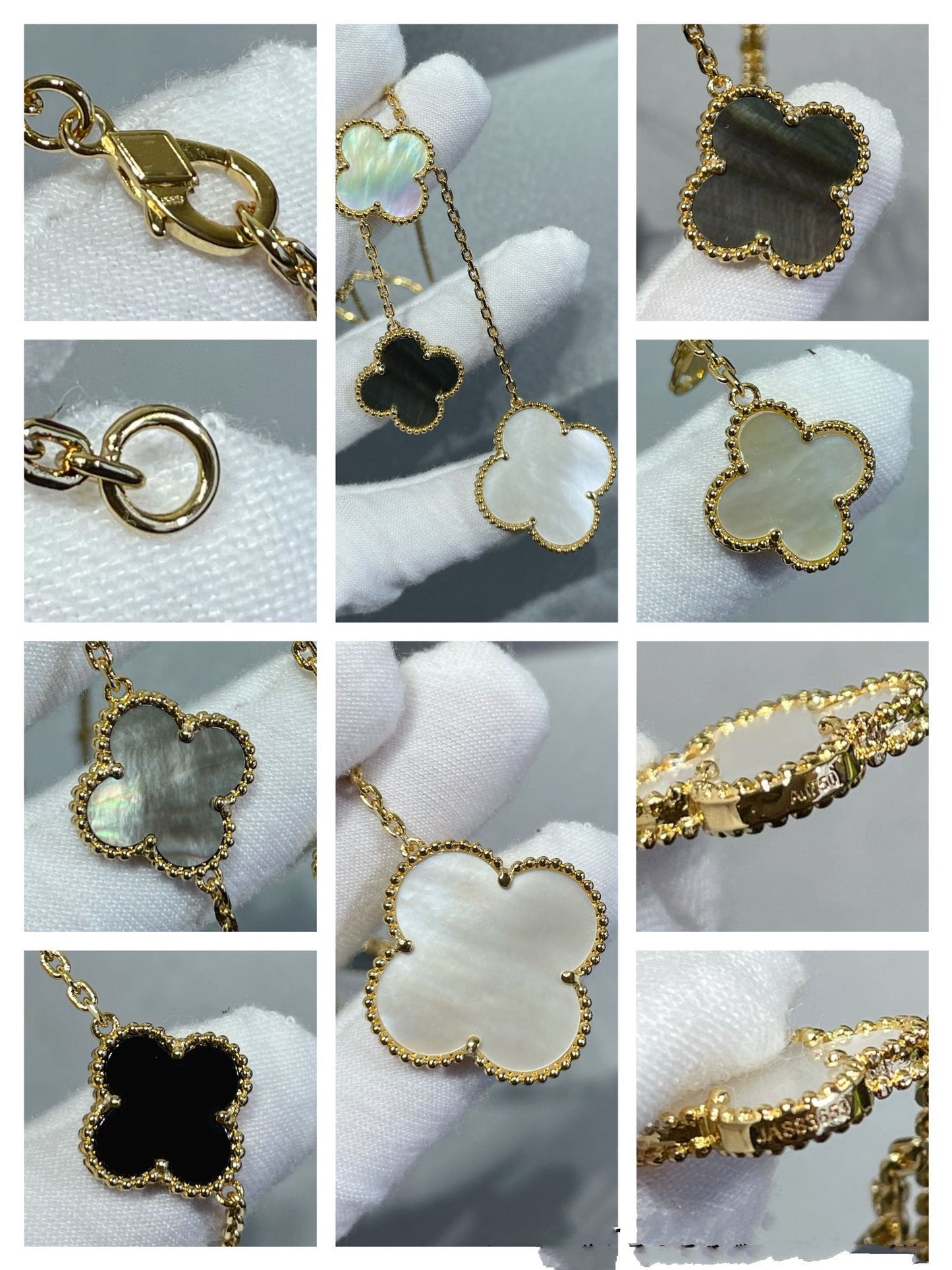 [Marin-Jewelry]CLOVER 6 MOTIF MOP ONYX GOLD NECKLACE