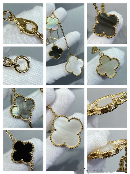 [Marin-Jewelry]CLOVER 6 MOTIF MOP ONYX GOLD NECKLACE
