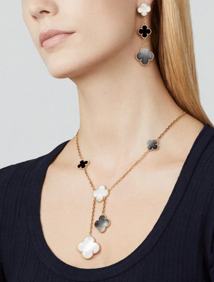 [Marin-Jewelry]CLOVER 3 MOTIF MOP ONYX DARK MOP PINK GOLD EARRINGS