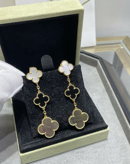 [Marin-Jewelry]CLOVER 3 MOTIF MOP ONYX DARK MOP PINK GOLD EARRINGS