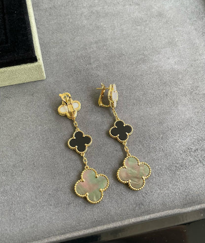 [Marin-Jewelry]CLOVER 3 MOTIF MOP ONYX DARK MOP PINK GOLD EARRINGS