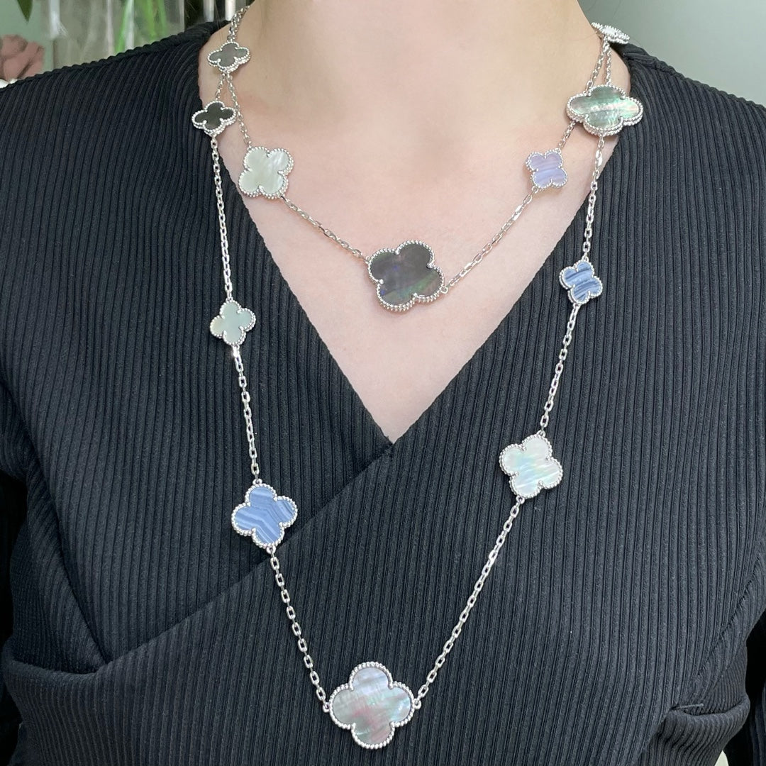 [Marin-Jewelry]CLOVER 16 MOTIF CHALCEDONY MOP SILVER NECKLACE