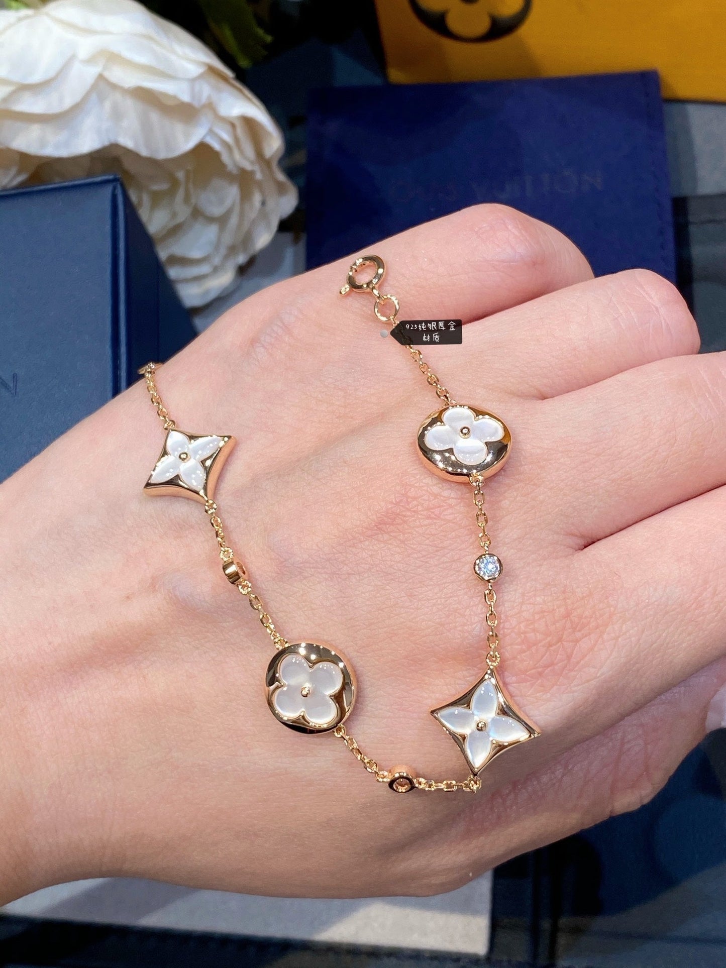 [Marin-Jewelry]STAR AND SUN 4 MOTIF WHITE MOP PINK GOLD BRACELET