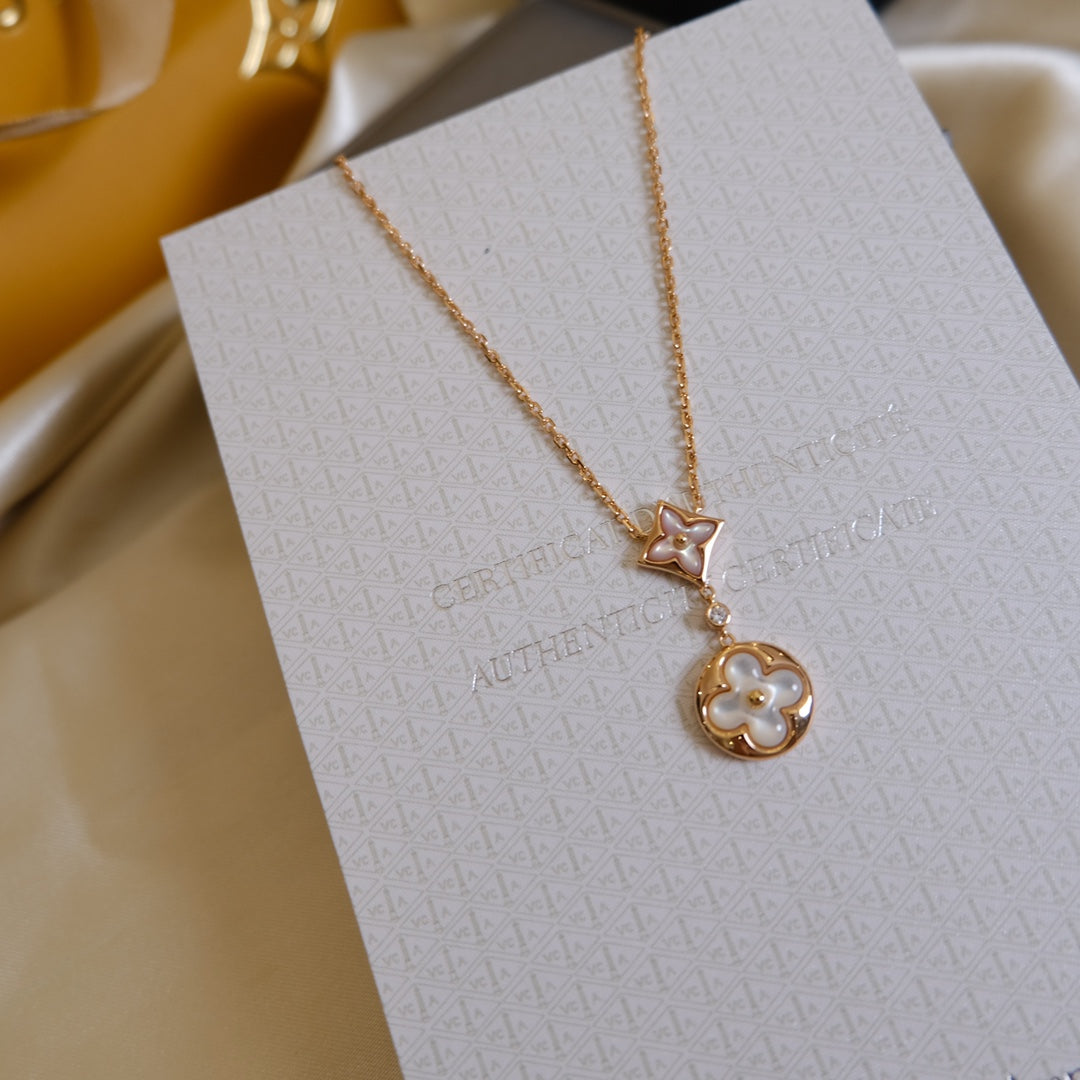 [Marin-Jewelry]STAR AND SUN WHITE MOP 2 MOTIF PINK GOLD NECKLACE