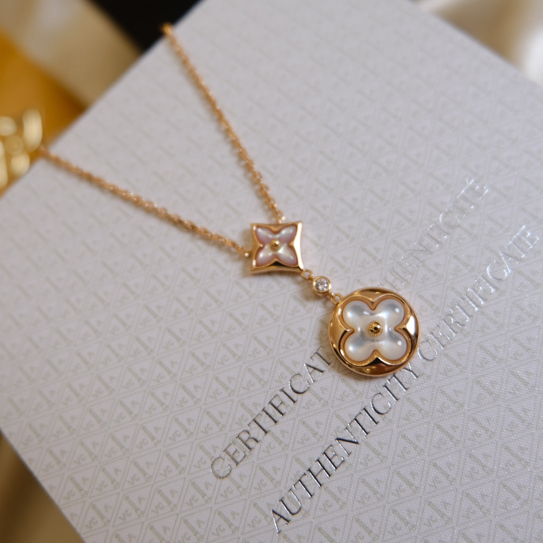 [Marin-Jewelry]STAR AND SUN WHITE MOP 2 MOTIF PINK GOLD NECKLACE